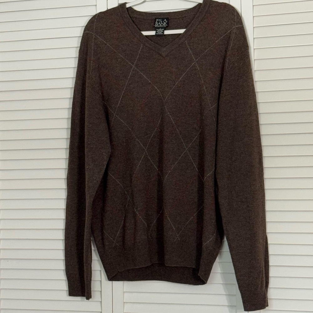 Jos. A. Bank Dark Brown V-Neck Lamb’s Wool Sweater Argyle Grandpa Sweater Sz L